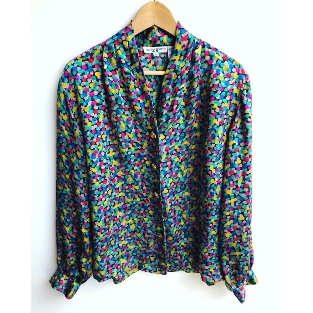 REGINA PORTER Vintage Multicolor Geometric Print Button Down Blouse 6